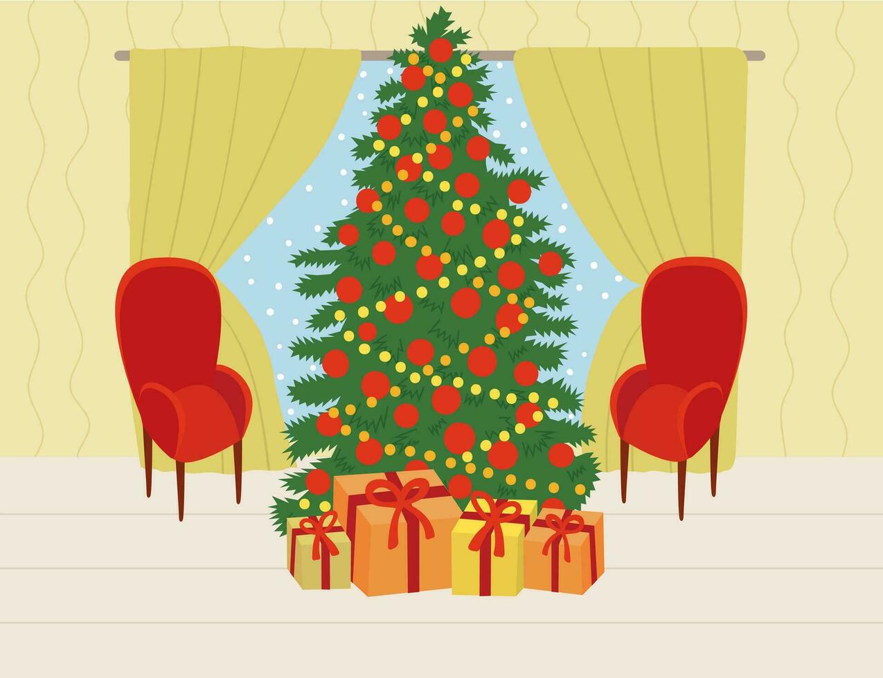 Christmas living room interior. Vector interior with Christmas tree and presents. Curtains, armchair, decor.