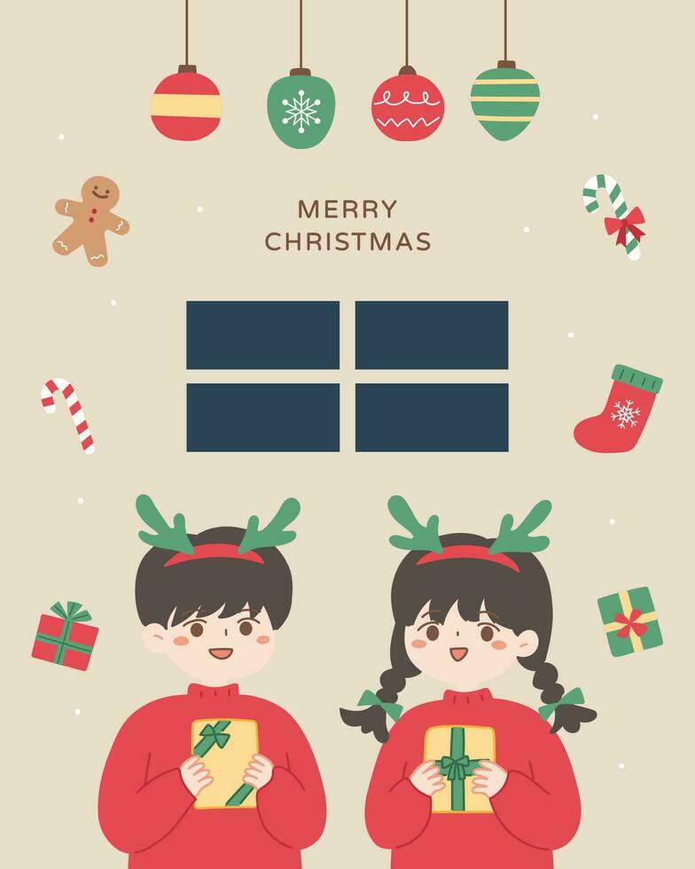 Christmas card couple hold the gift.A lot of decorations in the background vector