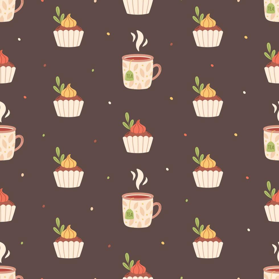 Hot drink and cupcakes seamless pattern. Autumn seamless pattern. Vector illustration in flat style