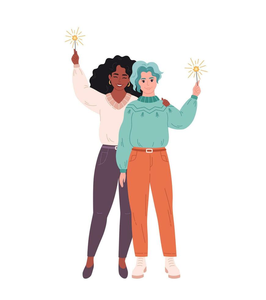 lesbiana Pareja participación bengala y celebrando Navidad o nuevo año. vector ilustración en plano estilo