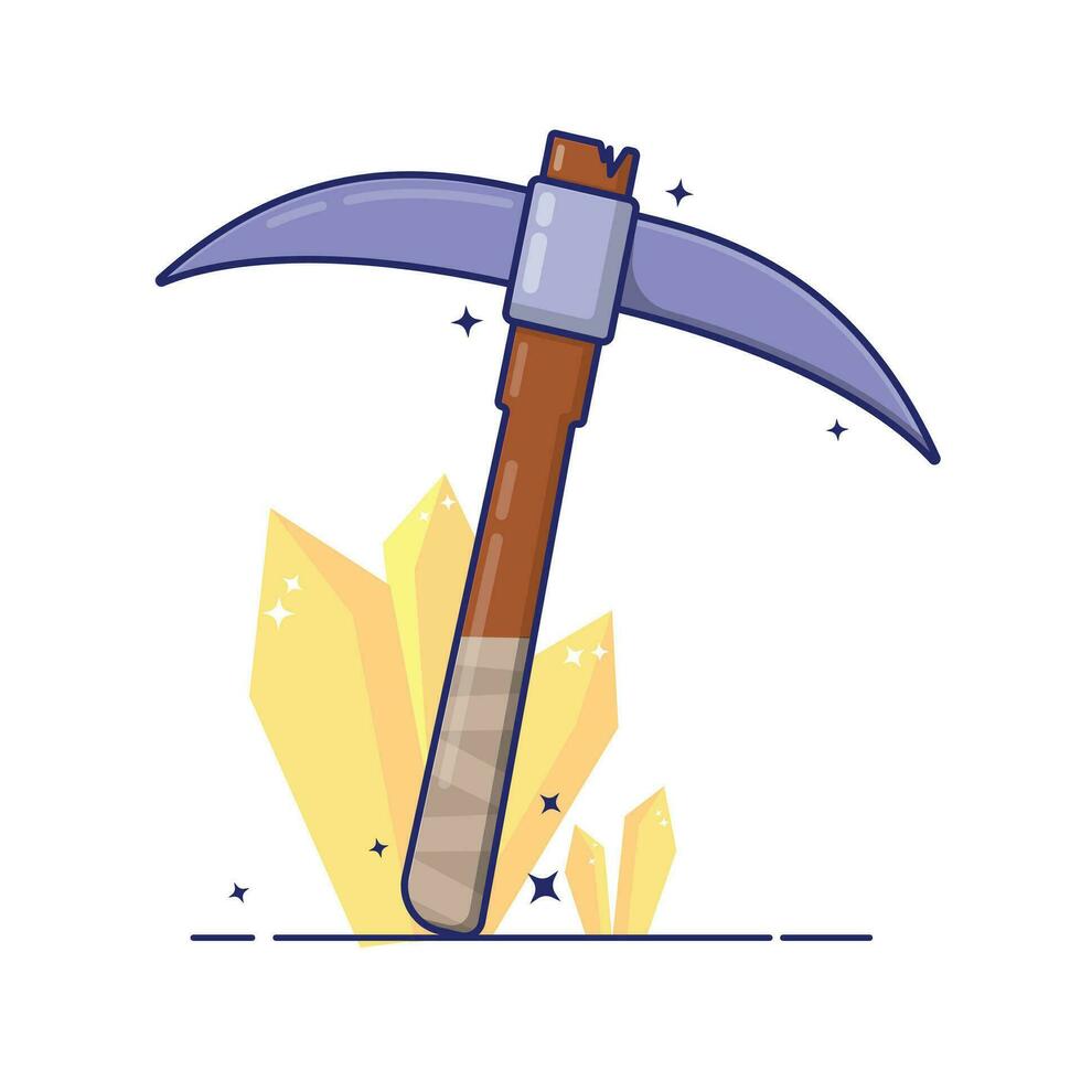 Cute cartoon pickaxe, flat carton design style, 2D game mining icon, isolated by white, premium vector