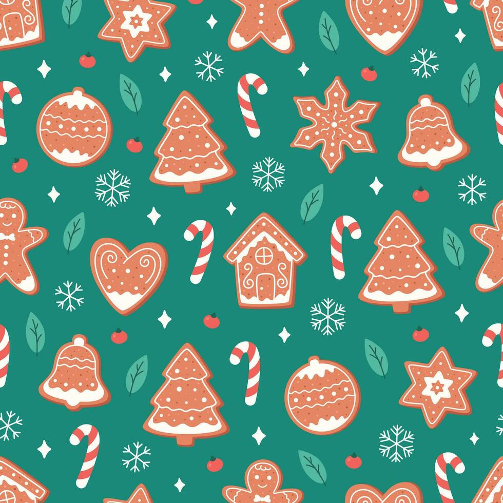 Christmas seamless pattern with ginger cookies, candy cane, snowflakes. Vector illustration in flat style