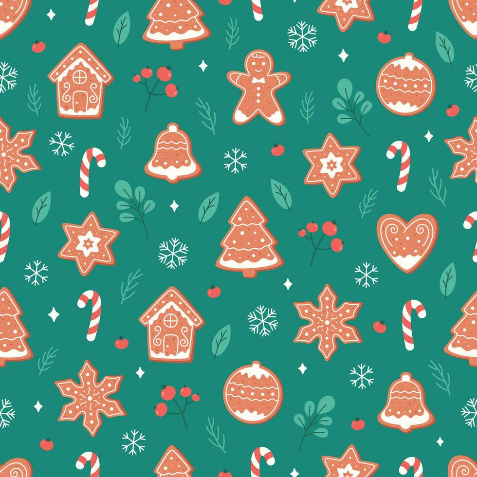 Navidad sin costura modelo con jengibre galletas, caramelo caña, copos de nieve. vector ilustración en plano estilo