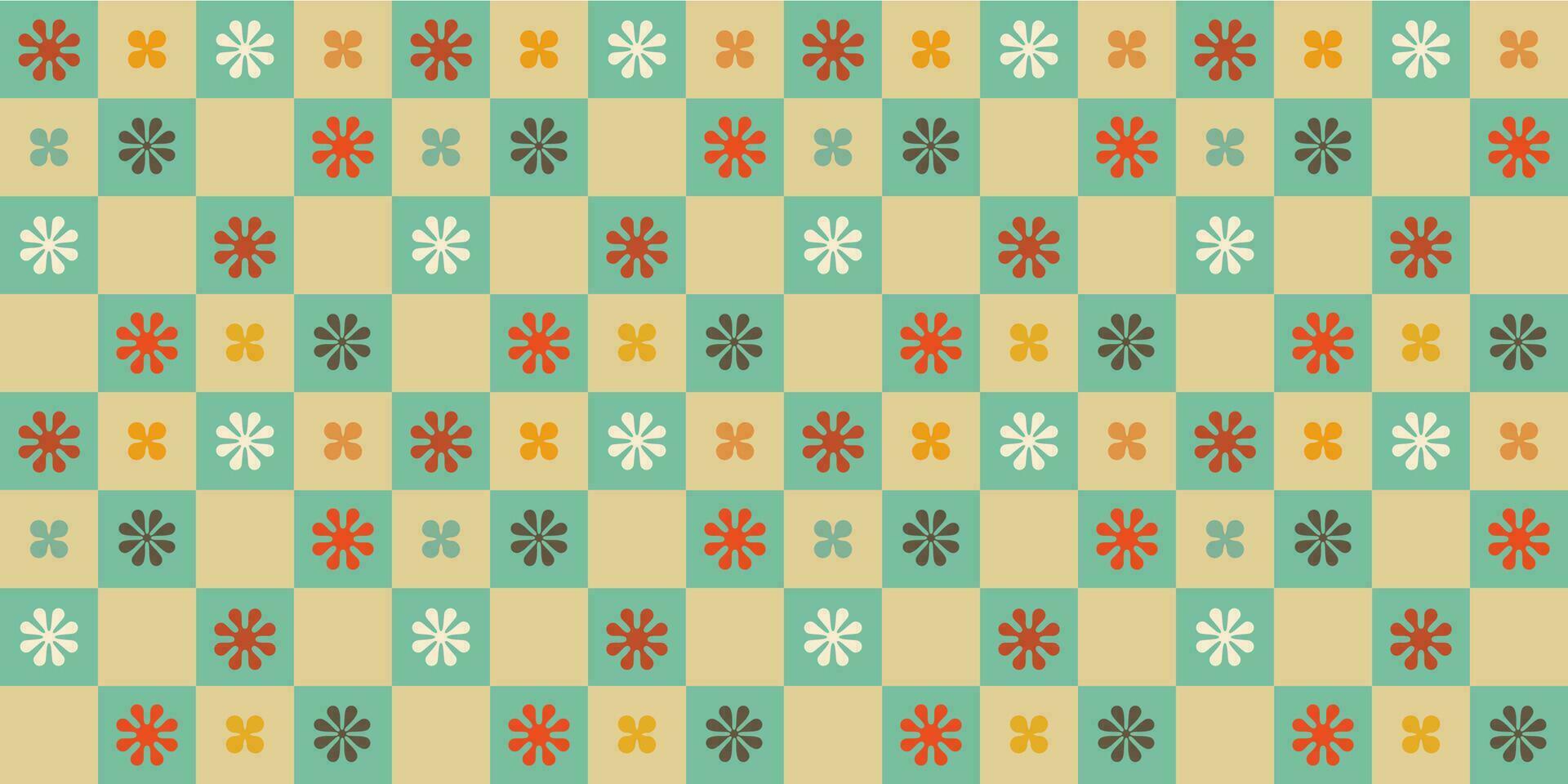 A retro style seamless pattern with a hippie flower aesthetic design and checkered vector background. Print surface for textiles, wrapping, and webs.