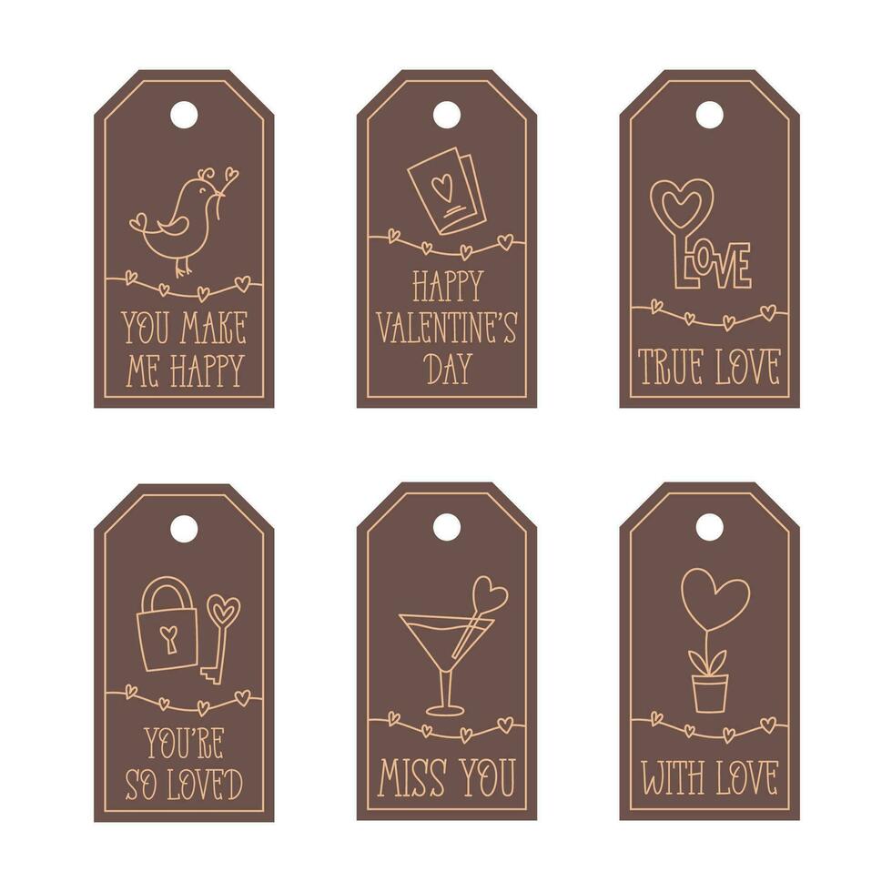 Valentines Day printable tags template in doodle style, hand-drawn love theme icons and quotes. Romantic mood, cute symbols and elements collection. vector