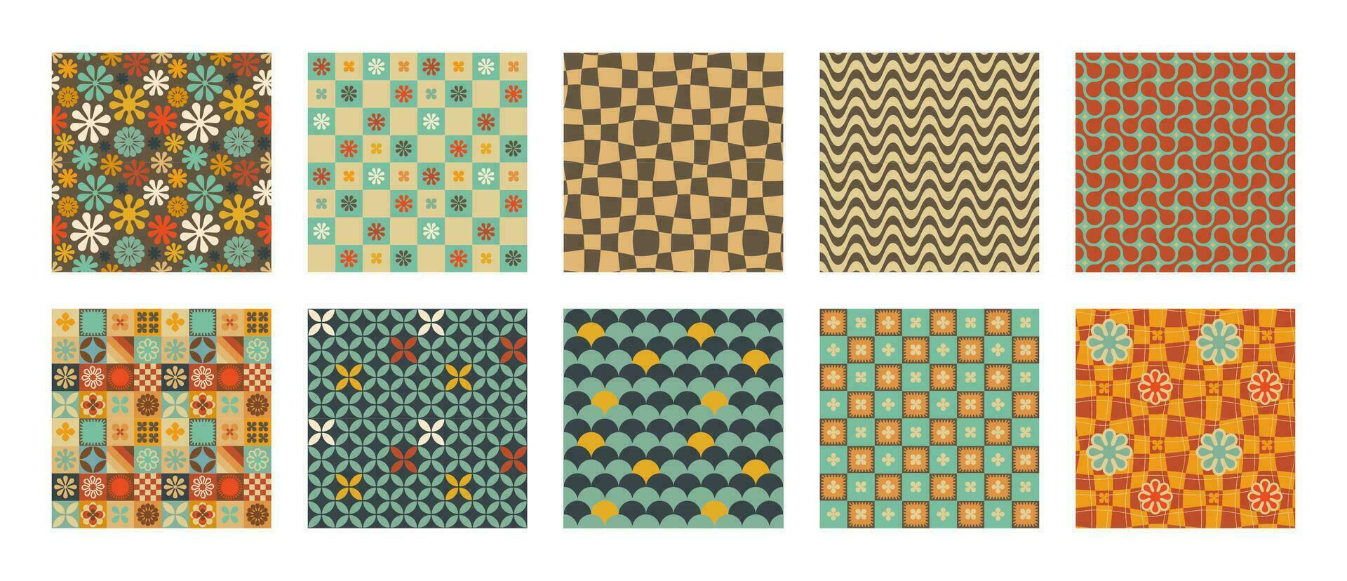 A retro style seamless patterns set with a hippie flower aesthetic design, vector background. Print surface for textiles, wrapping, and webs.