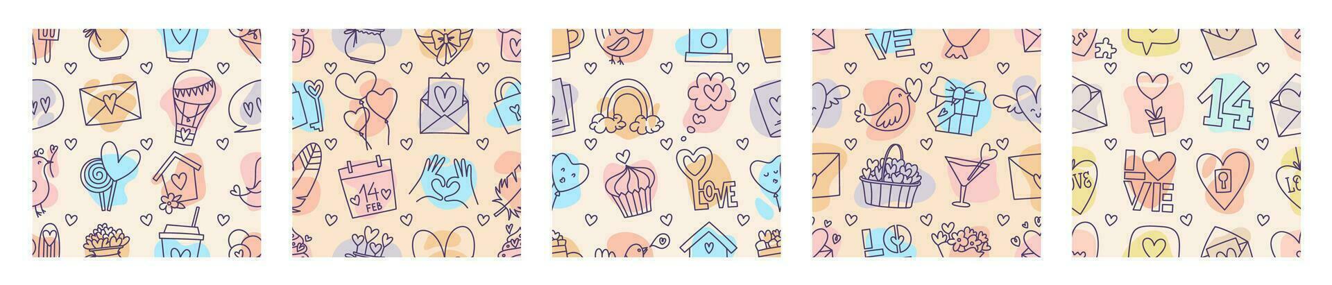 Valentines Day doodle style candy color seamless pattern set, hand-drawn love theme icons cute background. Romantic mood collection. vector