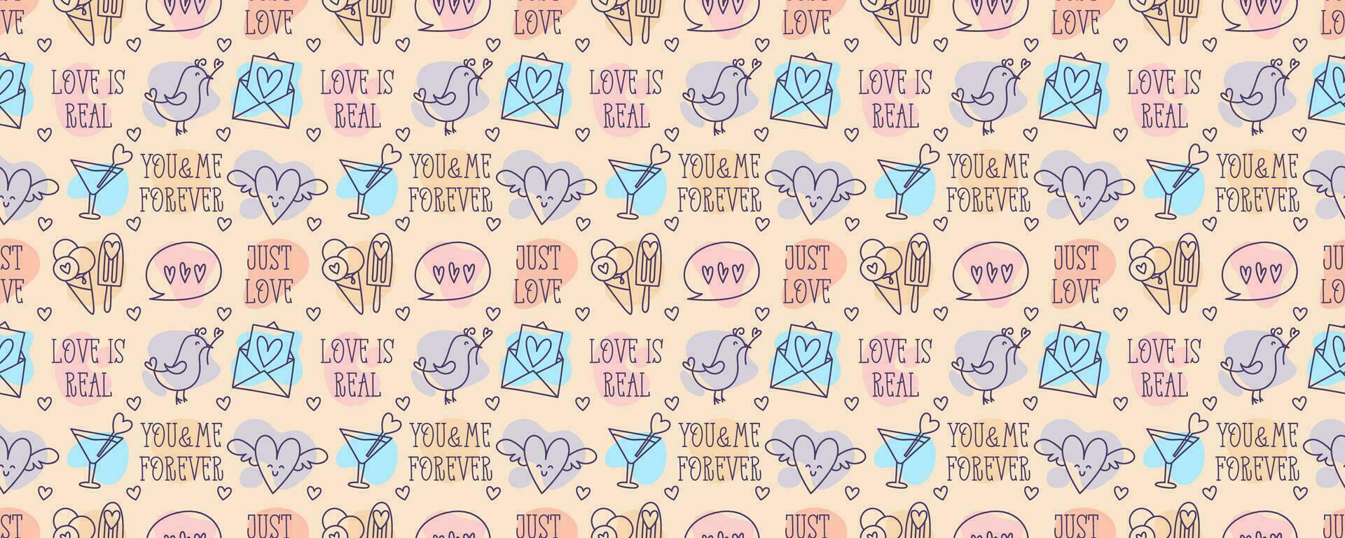Valentines Day doodle style candy color seamless pattern, hand-drawn love theme icons and quotes cute background. Romantic mood collection. vector