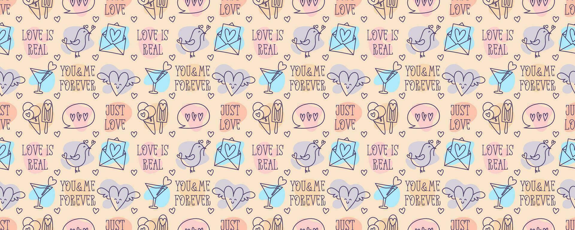 Valentines Day doodle style candy color seamless pattern, hand-drawn love theme icons and quotes cute background. Romantic mood collection. vector