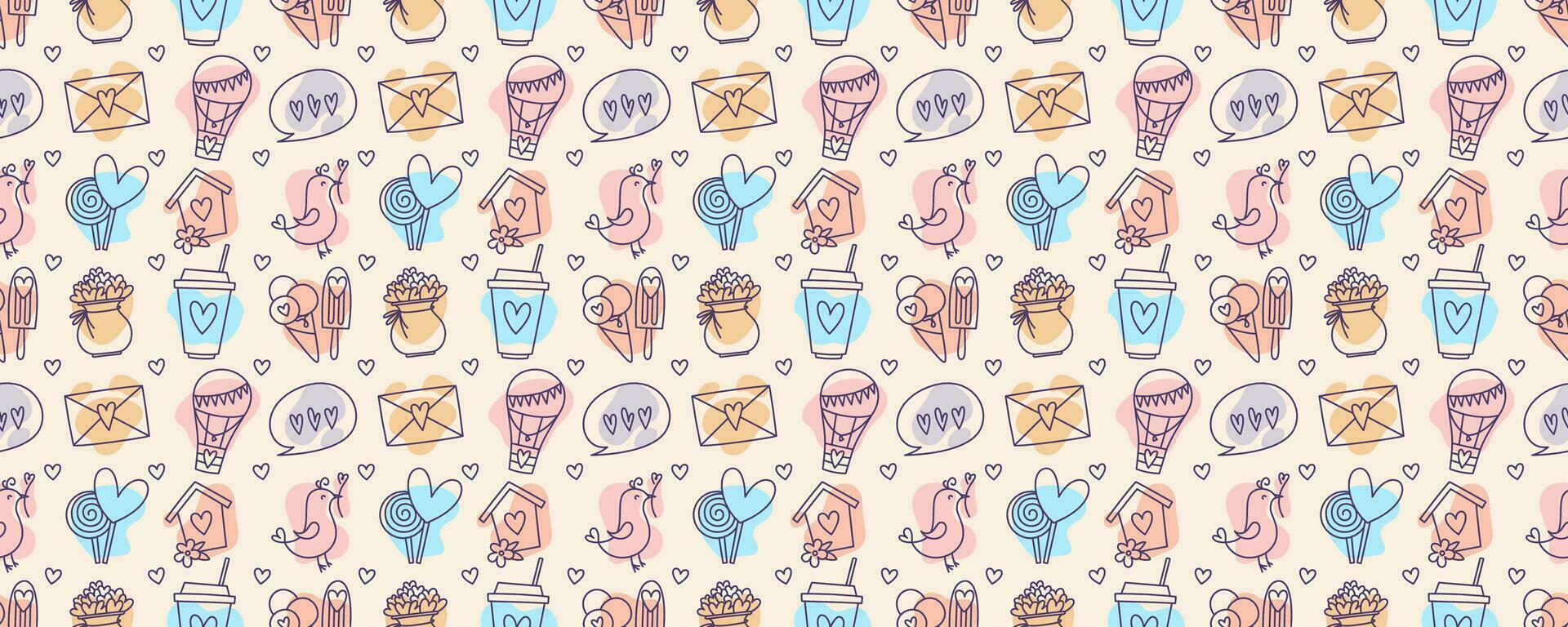 Valentines Day doodle style candy color seamless pattern, hand-drawn love theme icons cute background. Romantic mood collection. vector