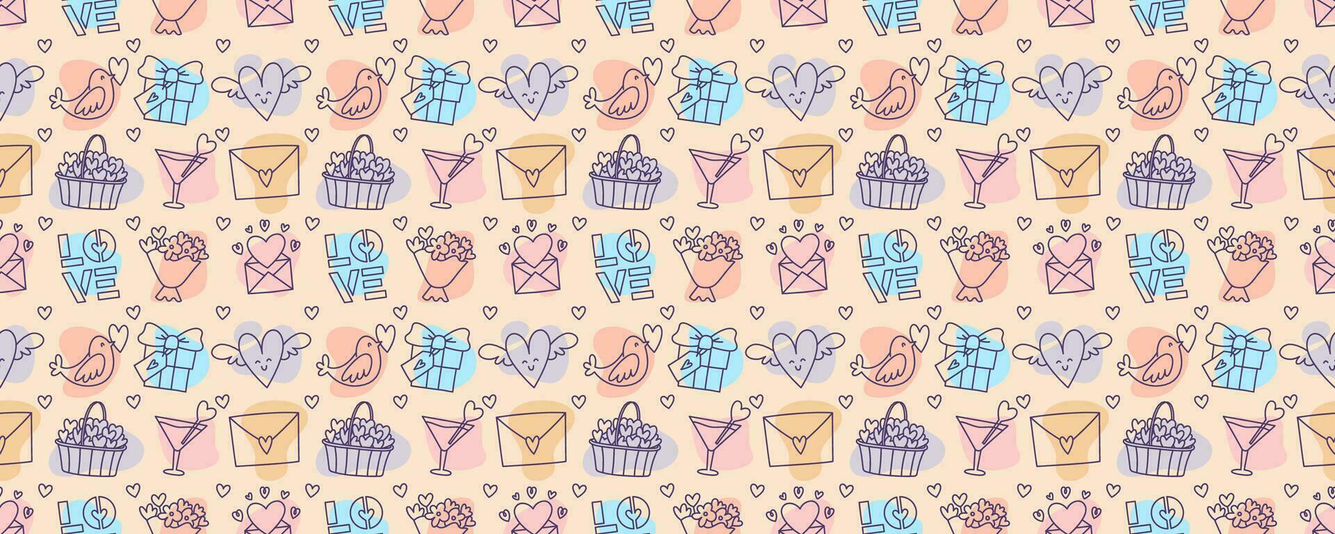 Valentines Day doodle style candy color seamless pattern, hand-drawn love theme icons cute background. Romantic mood collection. vector