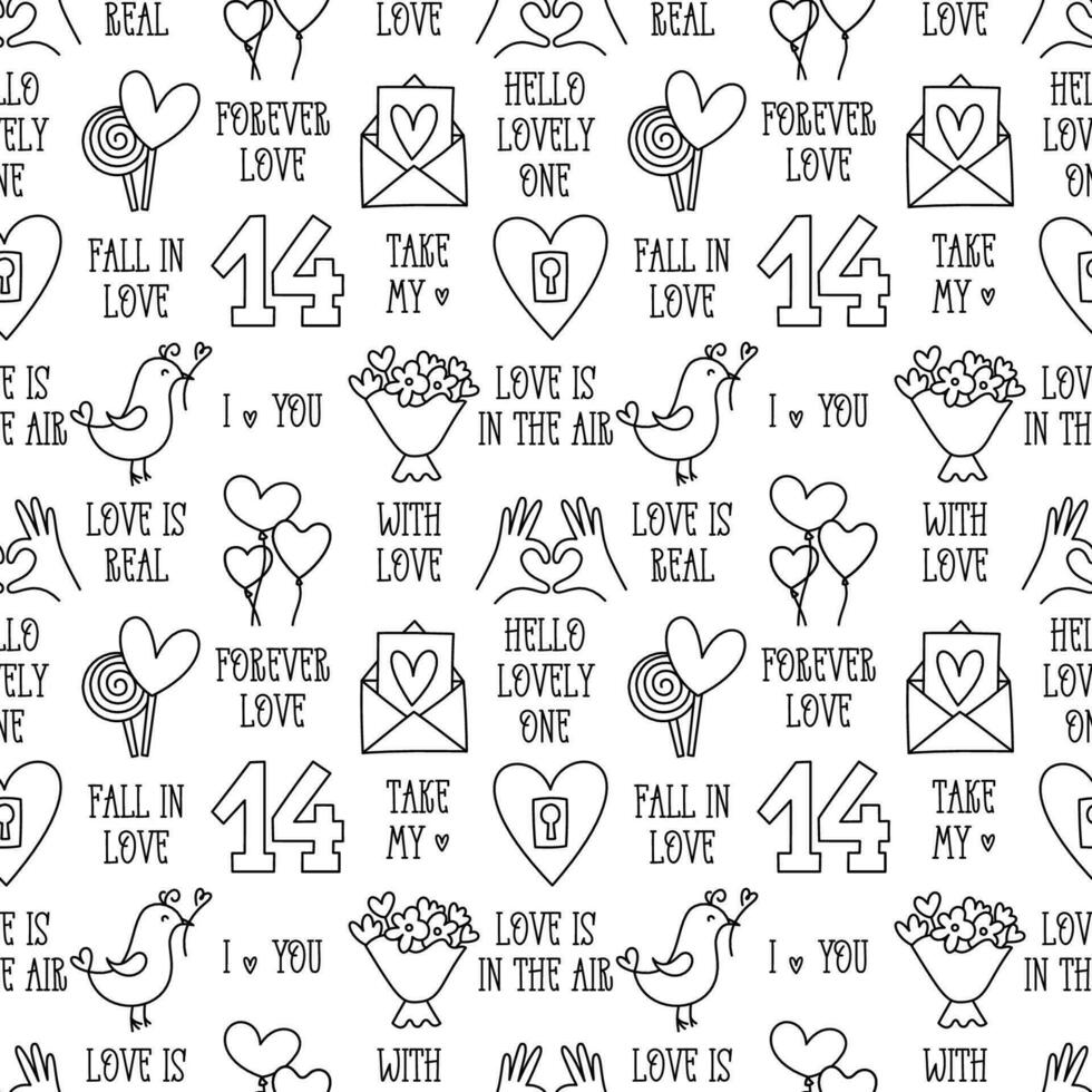 Valentines Day doodle style seamless pattern in black and white, hand-drawn love theme icons and quotes background. Romantic mood, cute symbols and elements collection. vector