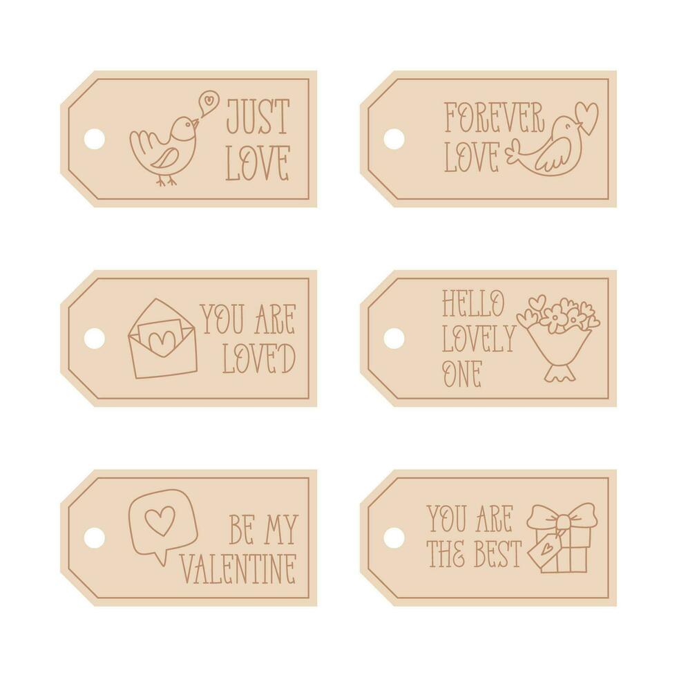 Valentines Day printable tags template in doodle style, hand-drawn love theme icons and quotes. Romantic mood, cute symbols and elements collection. vector