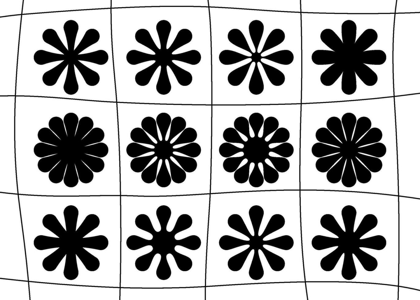 Groovy flowers in a line grid, hippie aesthetic simple vector shapes. Retro y2k style silhouette. Design elements for a social media story or post. Vector illustration.