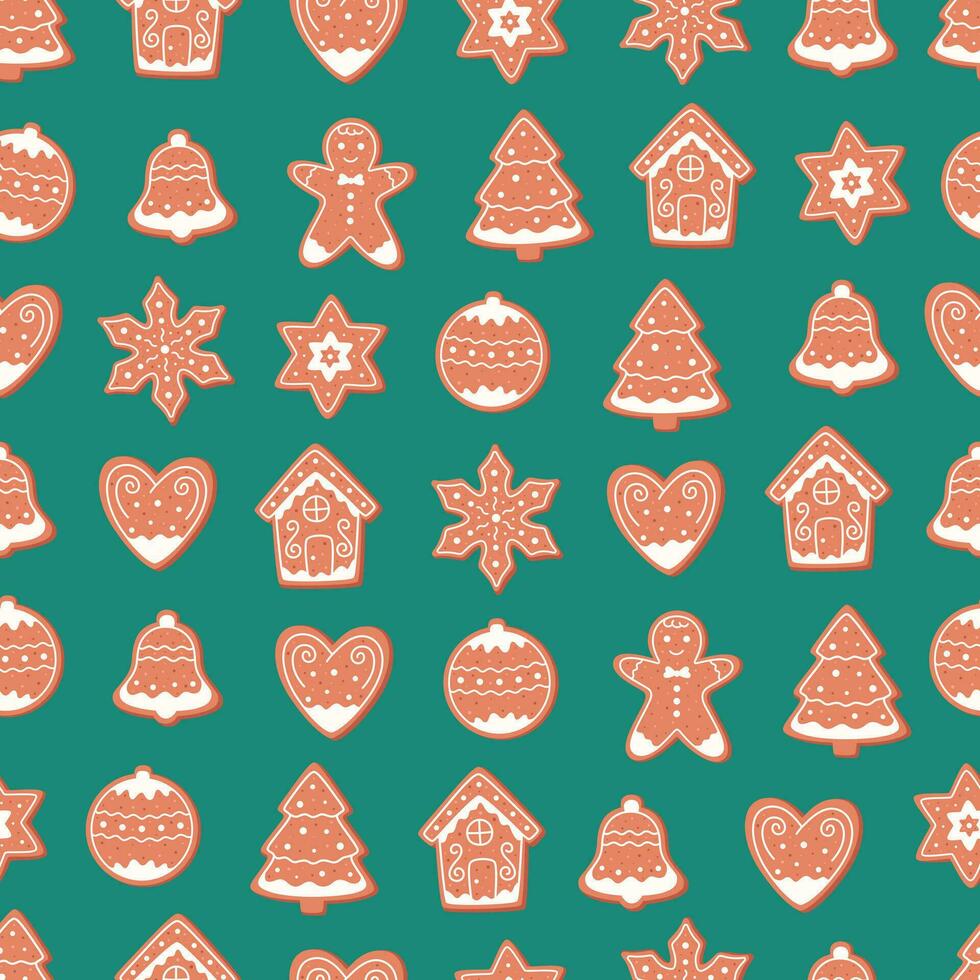 Ginger cookies seamless pattern. Merry Christmas and Happy Holidays. Winter homemade sweets. Vector illustration in flat style