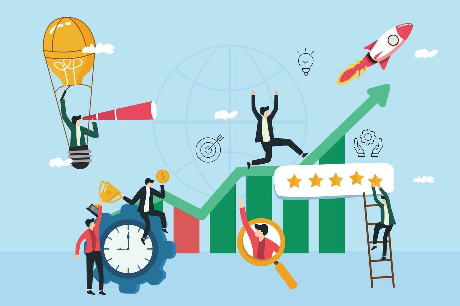 Group of people characters are thinking over an idea. prepare a business project start up. rise of the career to success. Vector Illustration