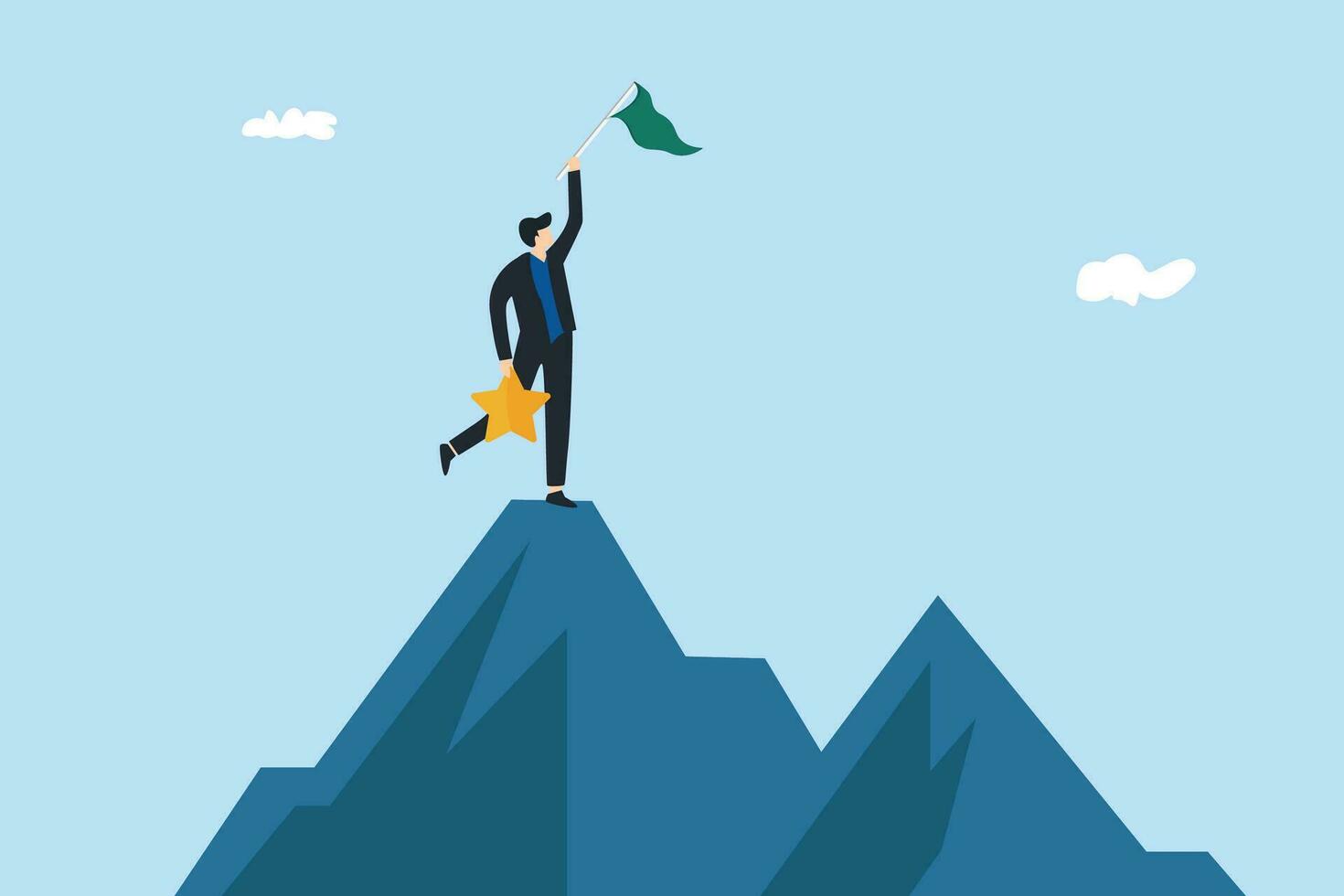 Businessman standing on top of the mountain with flag and star on hand. Success concept, growth. vector