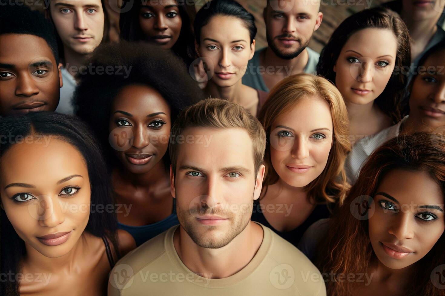 AI generated Faces of multiracial people looking at camera photo