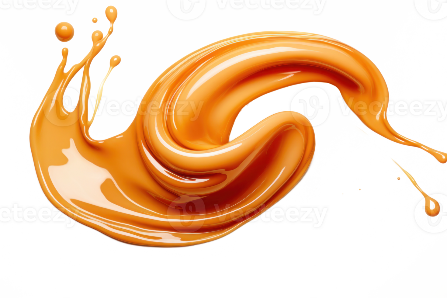 AI generated Splash of melted caramel sauce isolated on transparent background. Brown toffee wave splashing with droplets. Tasty confectionary png