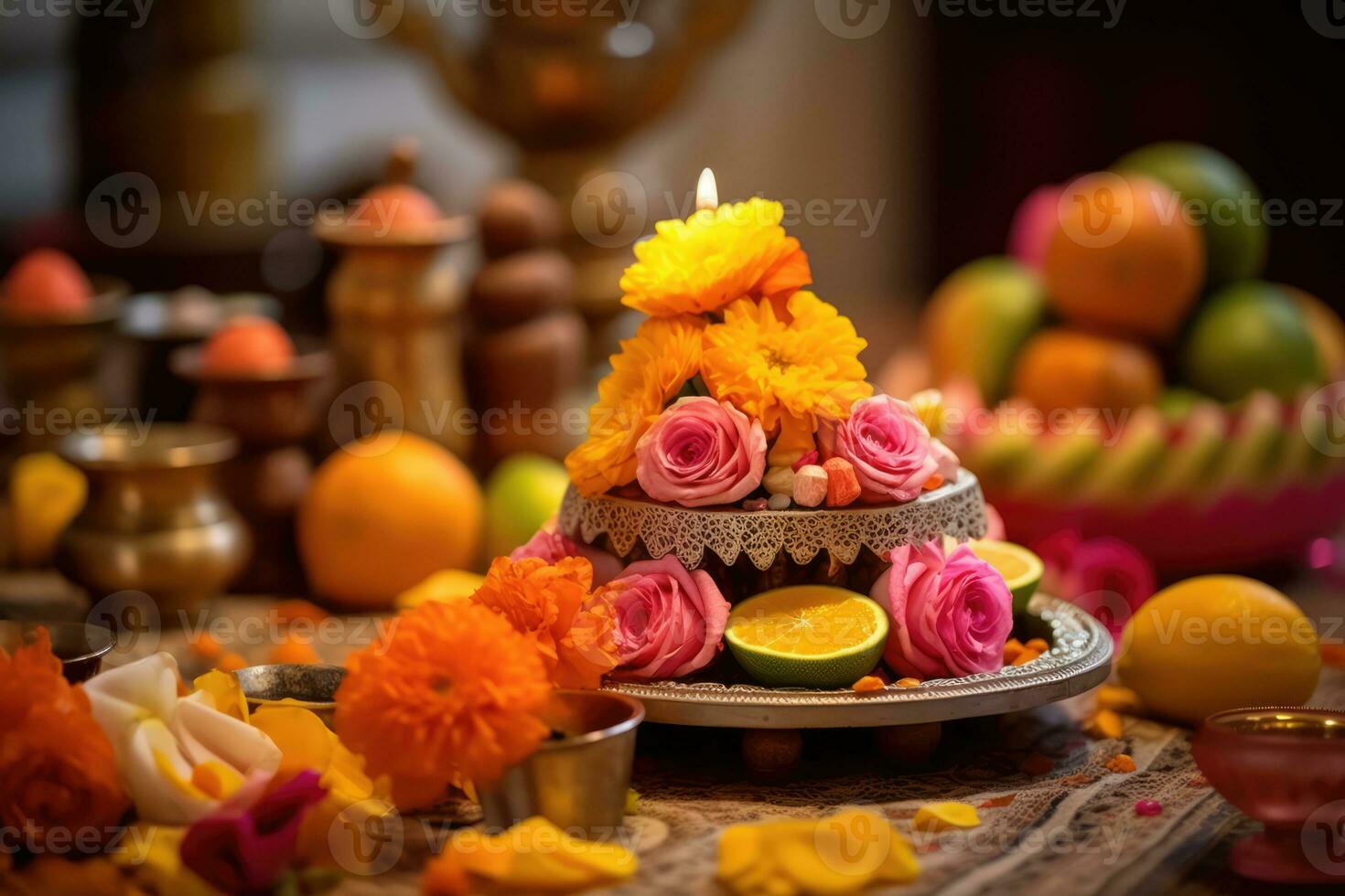 ai generado altar con frutas, flores, y velas foto