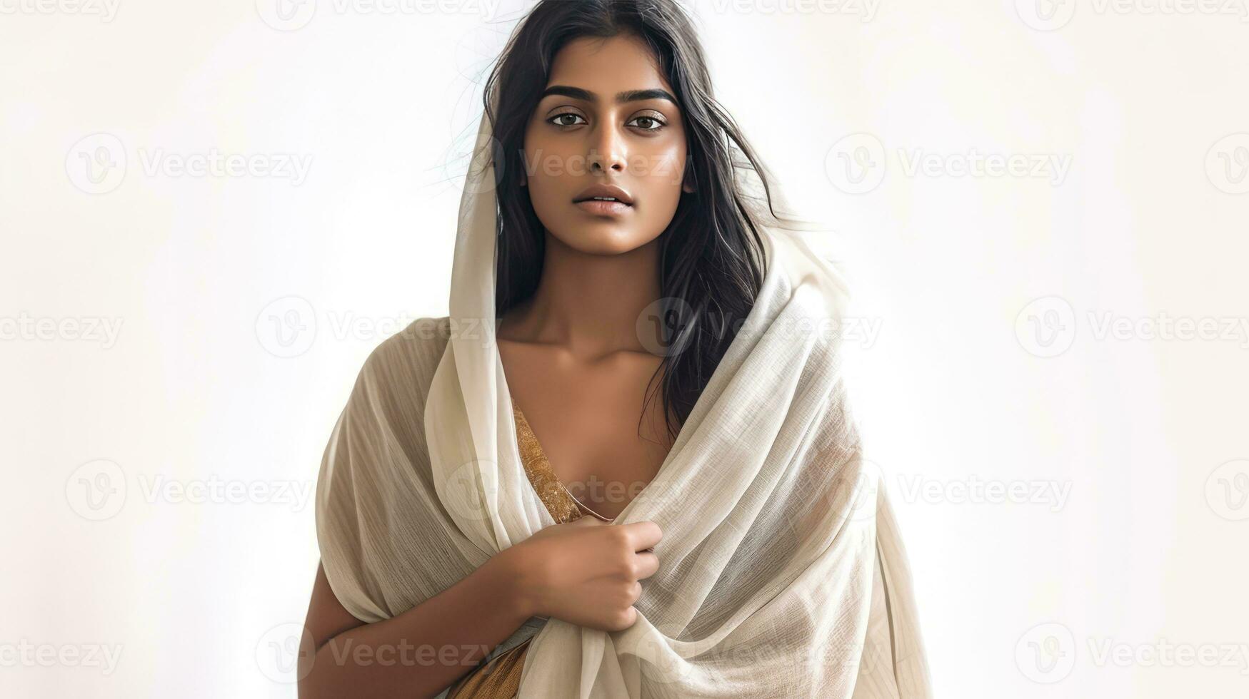 AI generated Beautiful woman with dark hair wearing a white shawl photo