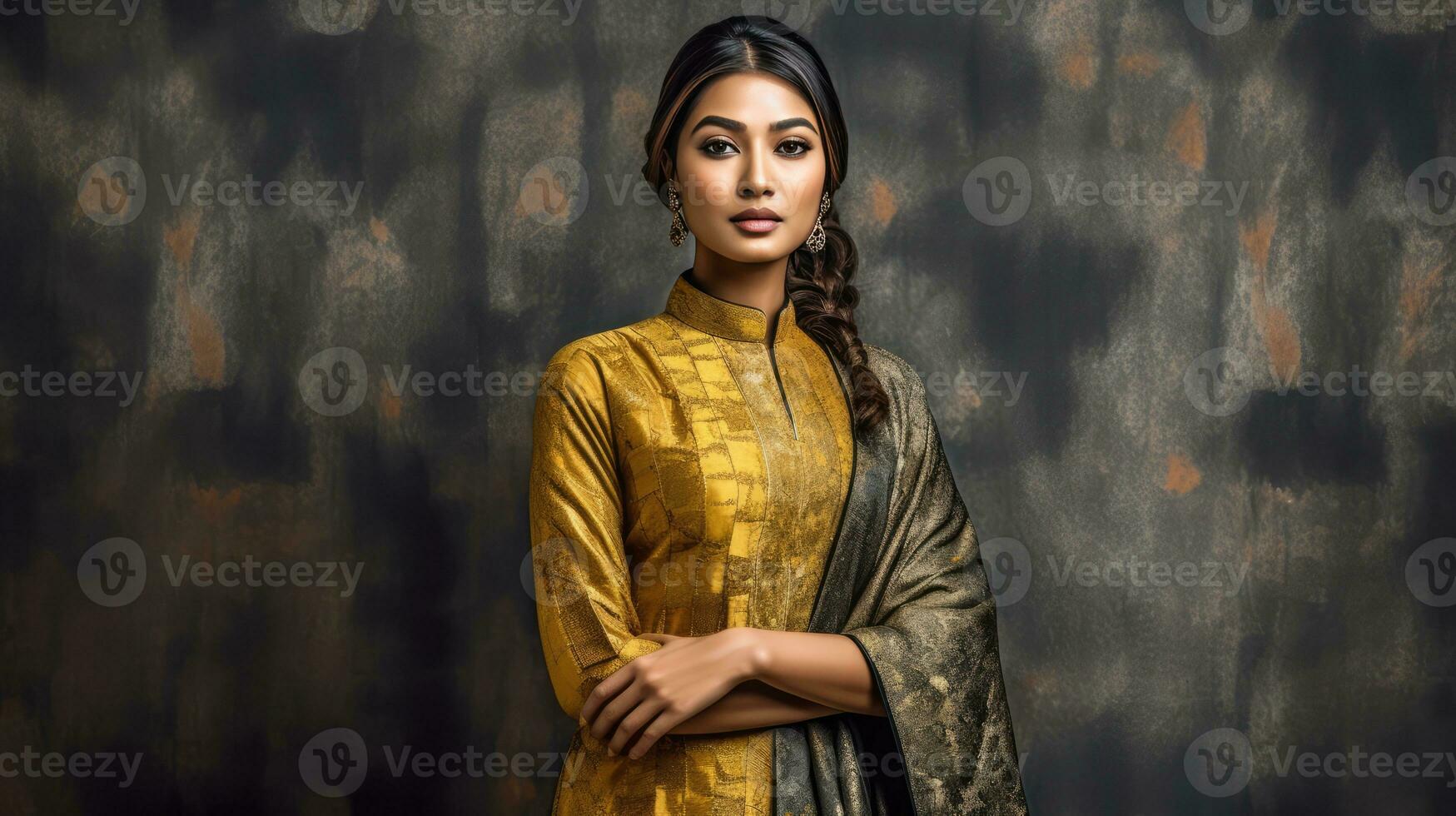 AI generated Beautiful Indian Woman in Rich Golden Clothing photo