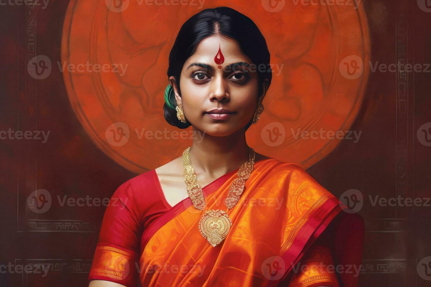 AI generated A woman wearing traditional Indian garb, adorned with jewelry photo