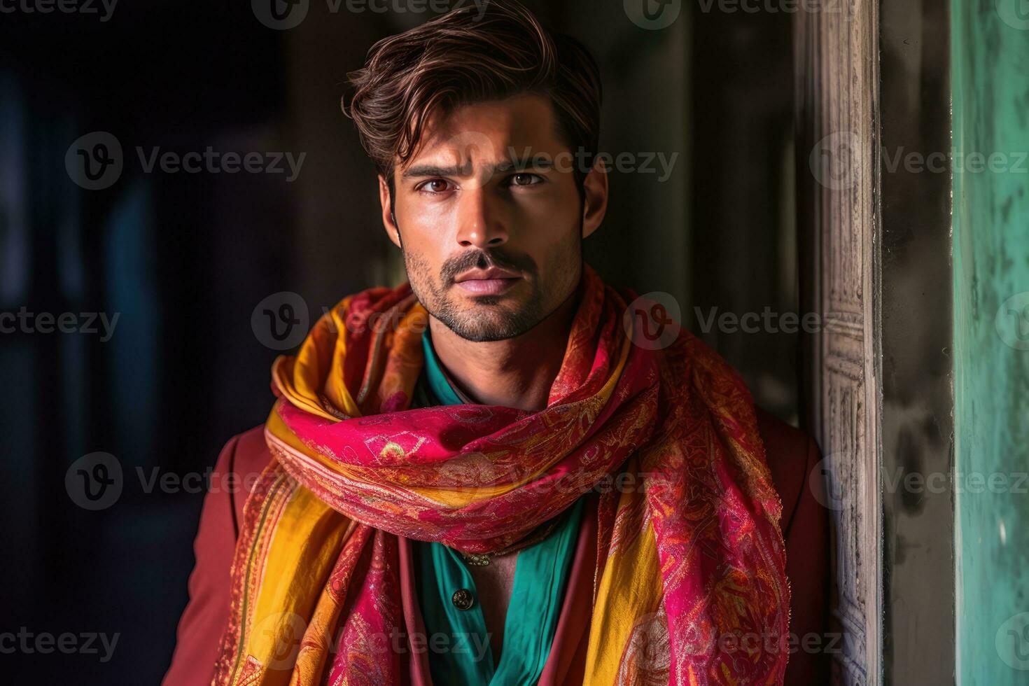 AI generated The Mysterious and Charismatic Man in a Red Jacket and Vibrant Scarf photo
