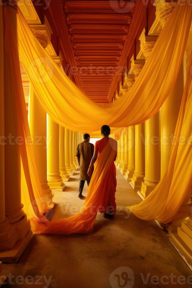 AI generated The Fascinating Hallway of Yellow Curtains and Giant Sheets photo