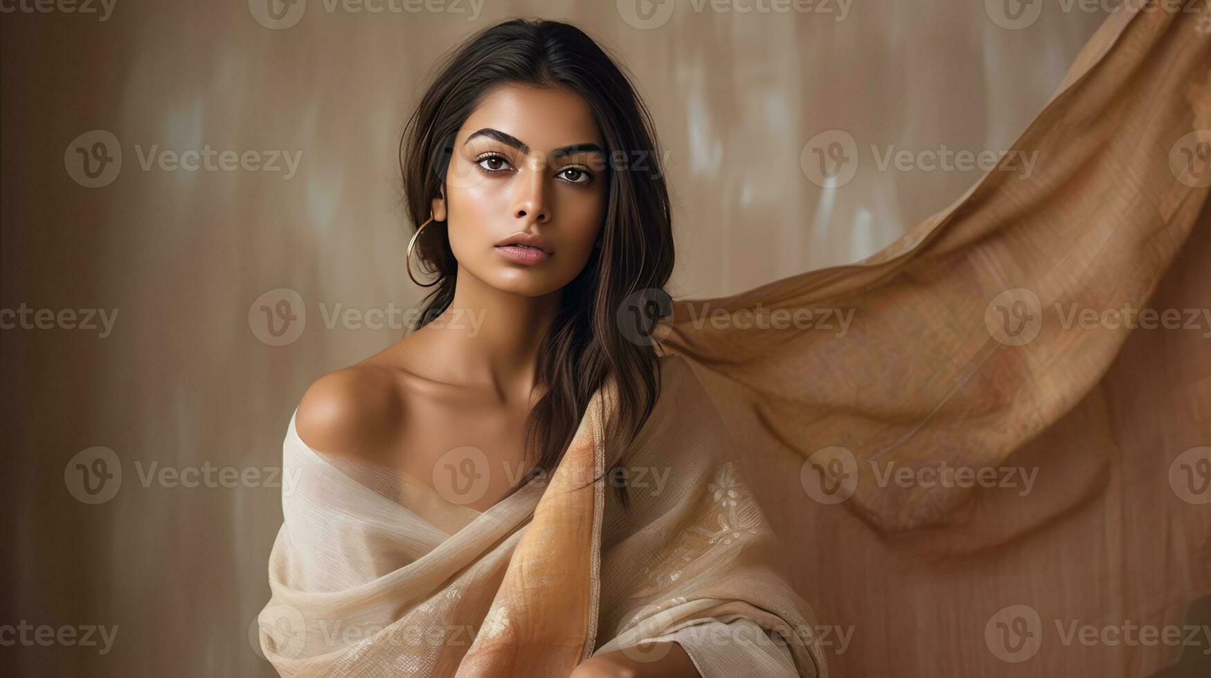AI generated Elegant woman draped in a brown scarf photo