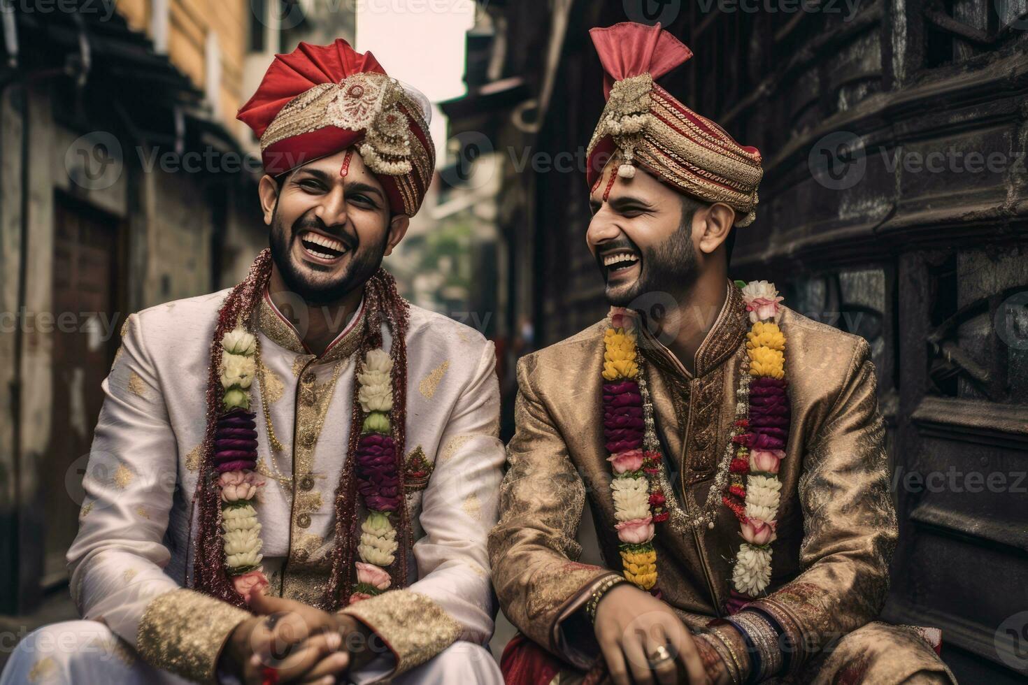 ai generado el la risa y sonrisas de el dos indio hombres vistiendo cultural atuendo foto