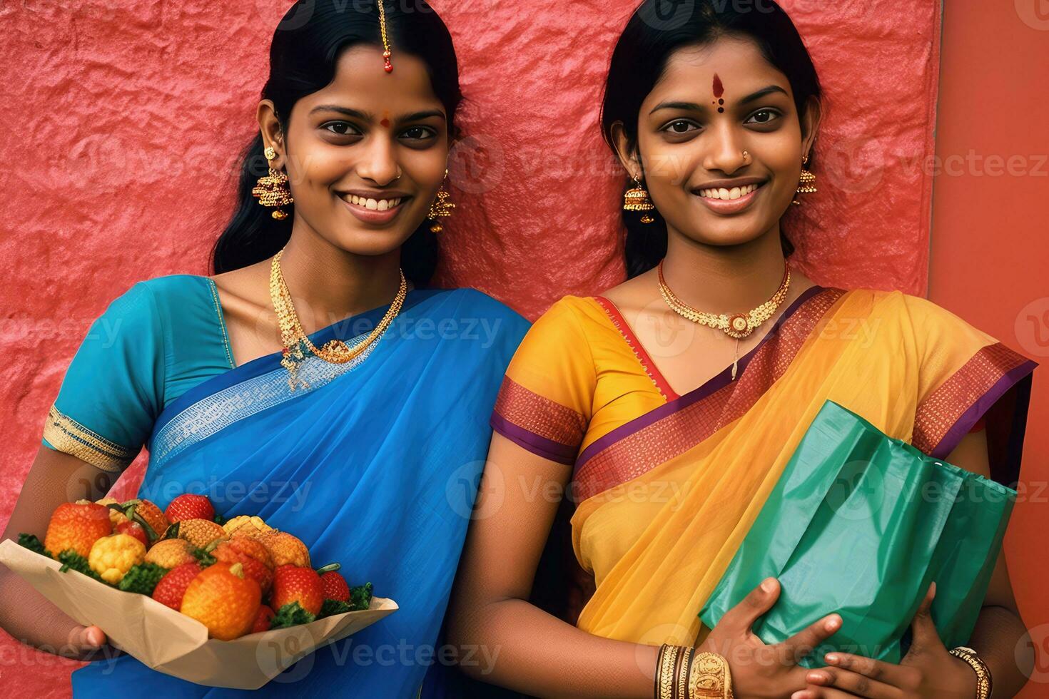 ai generado dos indio mujer posando con un cesta de Fresco fresas foto