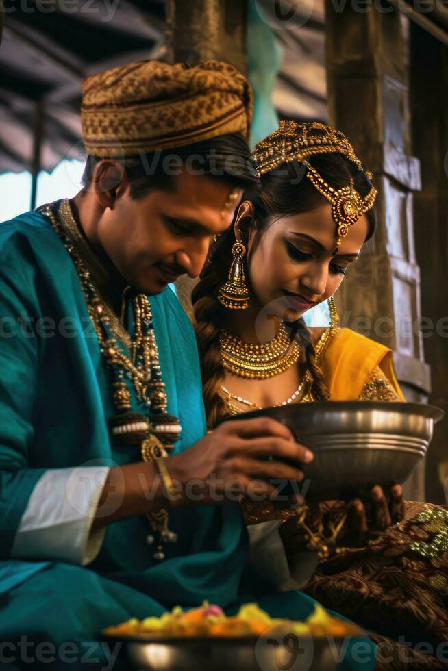 AI generated Cultural Tradition - In Indian attire, a man and woman participate in a ceremony. photo