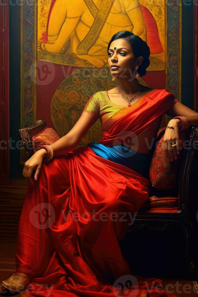 AI generated Indian woman draped in vibrant red and blue sari, sitting elegantly on a chair photo