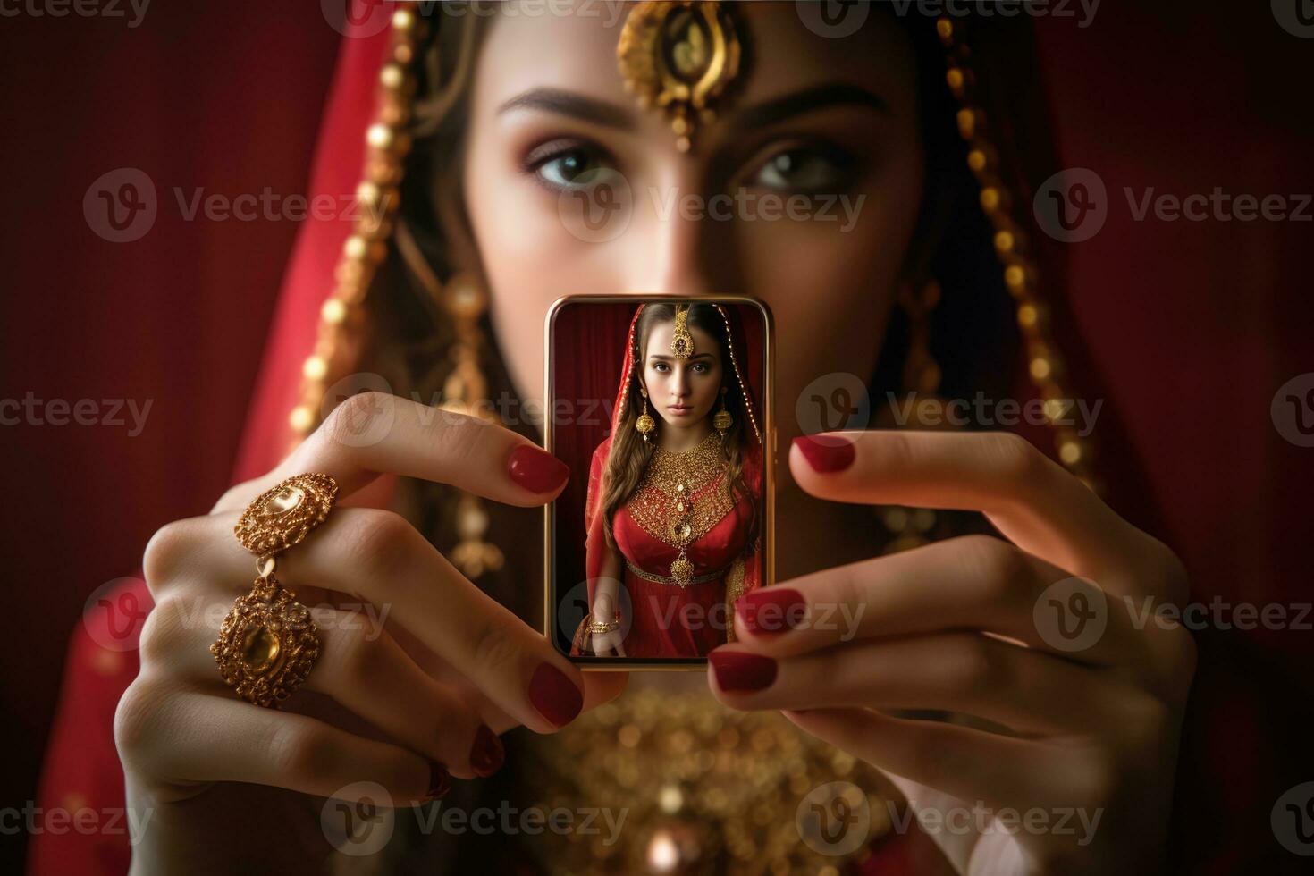 AI generated Beautiful Indian Woman Adorned with Gold Jewelry photo