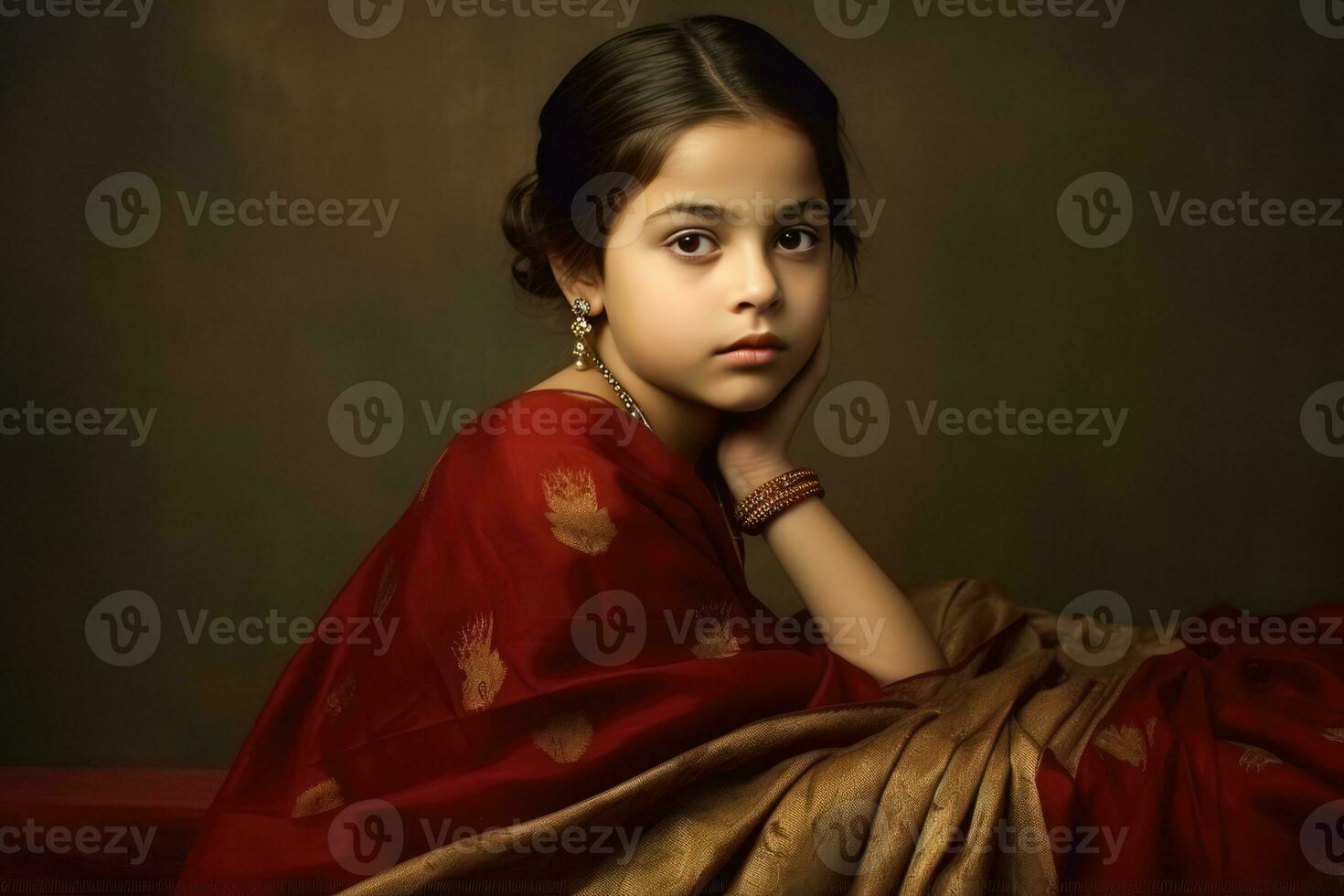 AI generated A young girl in a red and orange dress, posing for a vintage portrait. photo