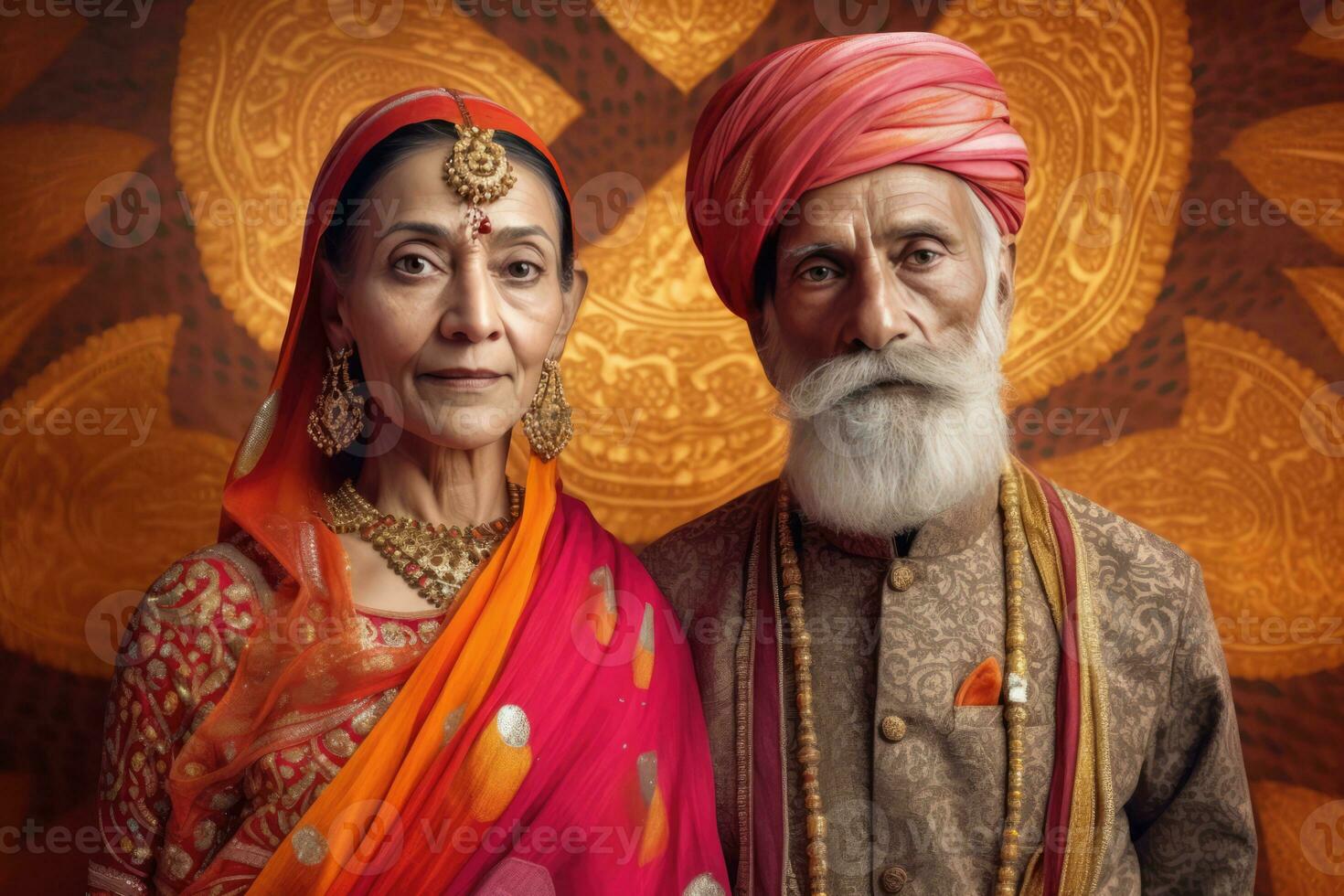 AI generated An elderly Indian couple wearing traditional clothing, possibly a shawl and turban. photo