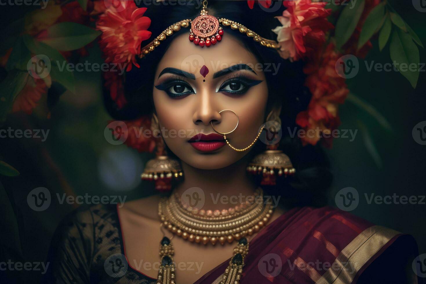 AI generated An Indian woman adorned with traditional jewelry and henna photo
