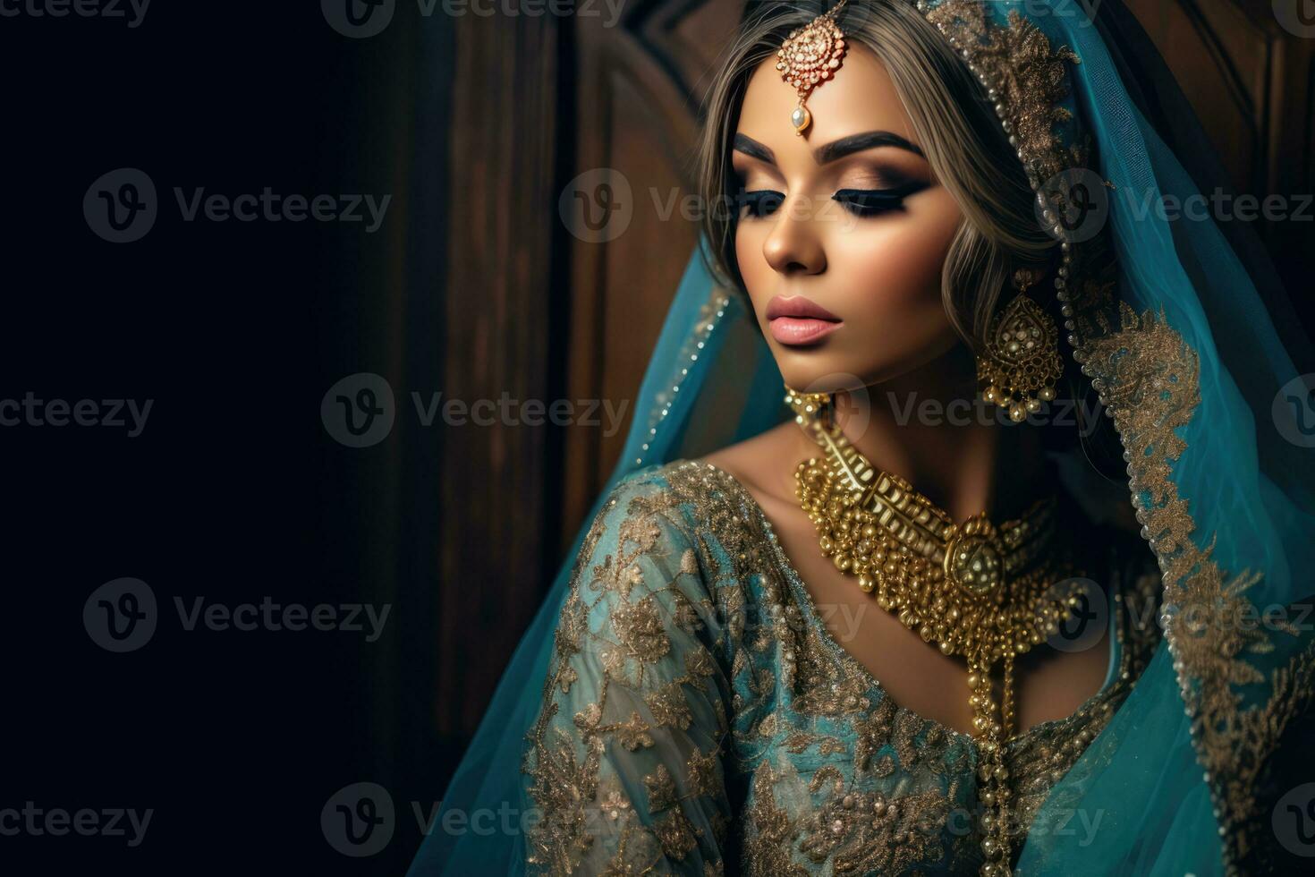 AI generated Elegant Indian Woman Adorned with Gold Jewelry photo