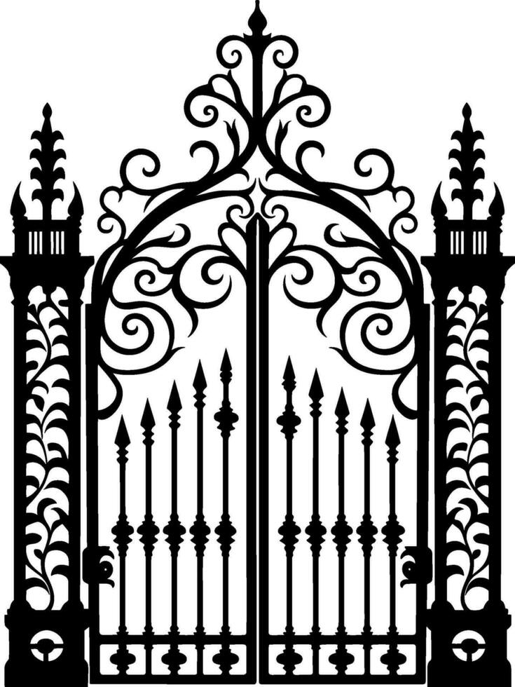 Vector illustration wrought-iron fence. Old metal fence and gate. Gate silhouette. AI generated illustration.