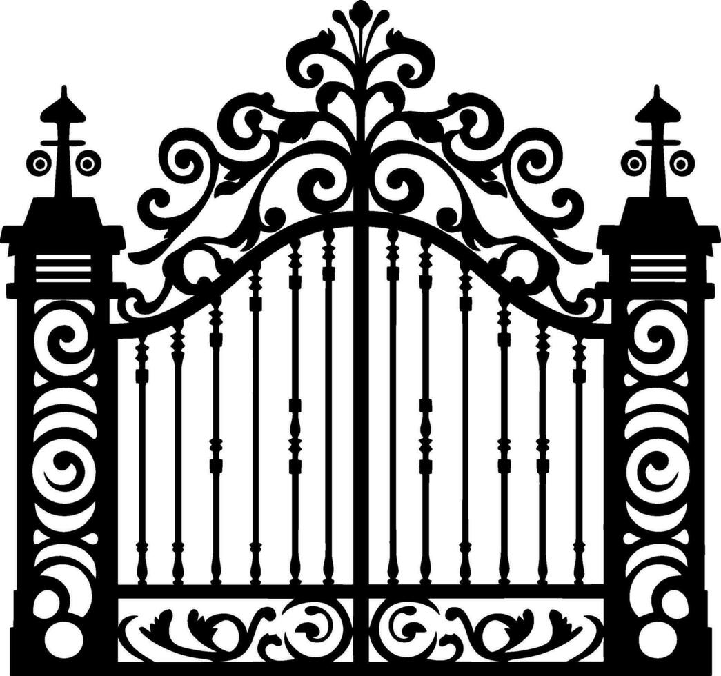 Vector illustration wrought-iron fence. Old metal fence and gate. Gate silhouette. AI generated illustration.