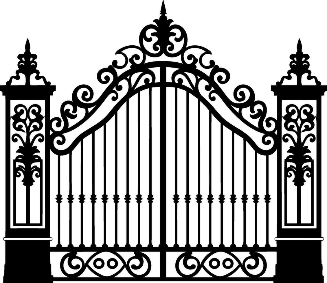 Vector illustration wrought-iron fence. Old metal fence and gate. Gate silhouette. AI generated illustration.