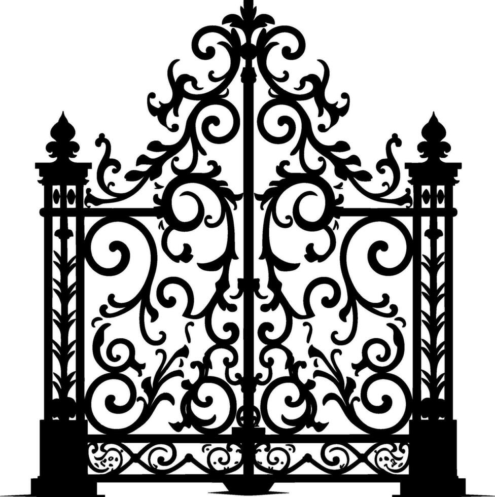 Vector illustration wrought-iron fence. Old metal fence and gate. Gate silhouette. AI generated illustration.