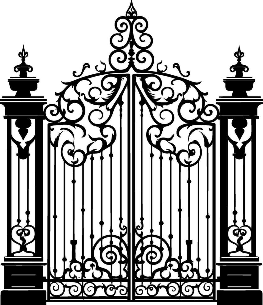 Vector illustration wrought-iron fence. Old metal fence and gate. Gate silhouette. AI generated illustration.