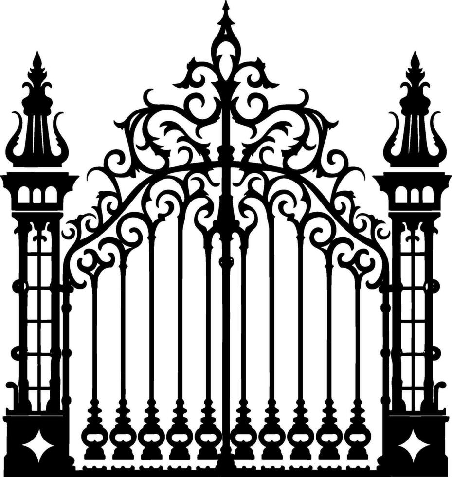 Vector illustration wrought-iron fence. Old metal fence and gate. Gate silhouette. AI generated illustration.