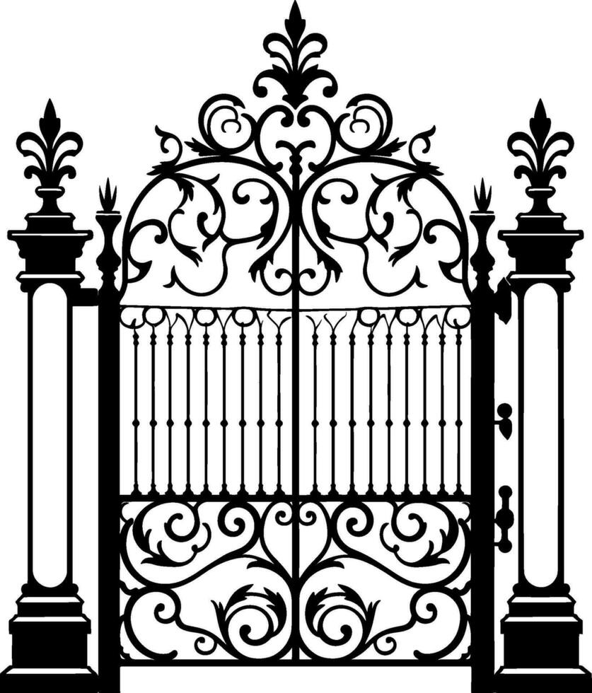 Vector illustration wrought-iron fence. Old metal fence and gate. Gate silhouette. AI generated illustration.