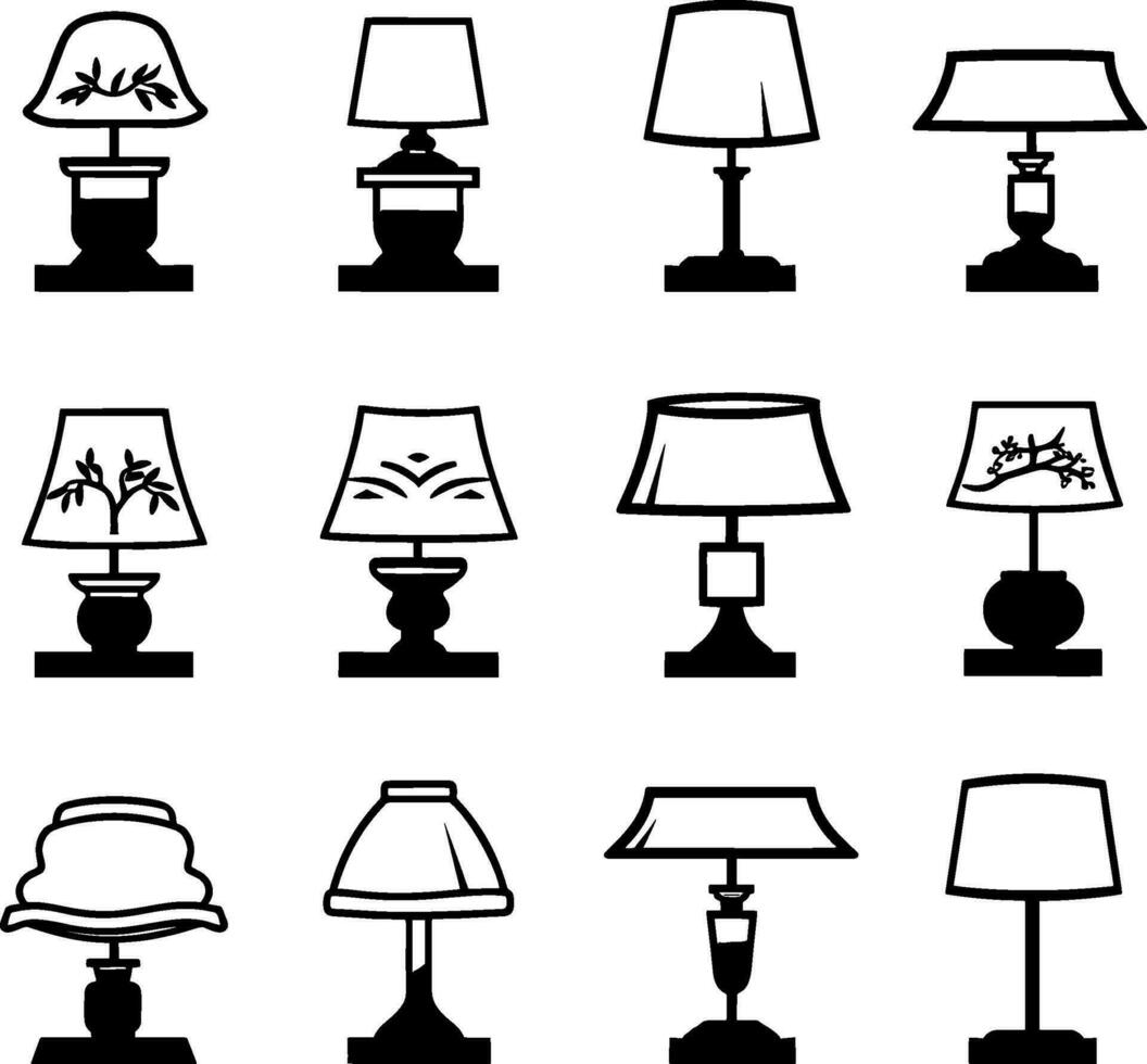 piso y mesa lamparas vector ilustración conjunto de negro siluetas blanco antecedentes. ai generado ilustración.