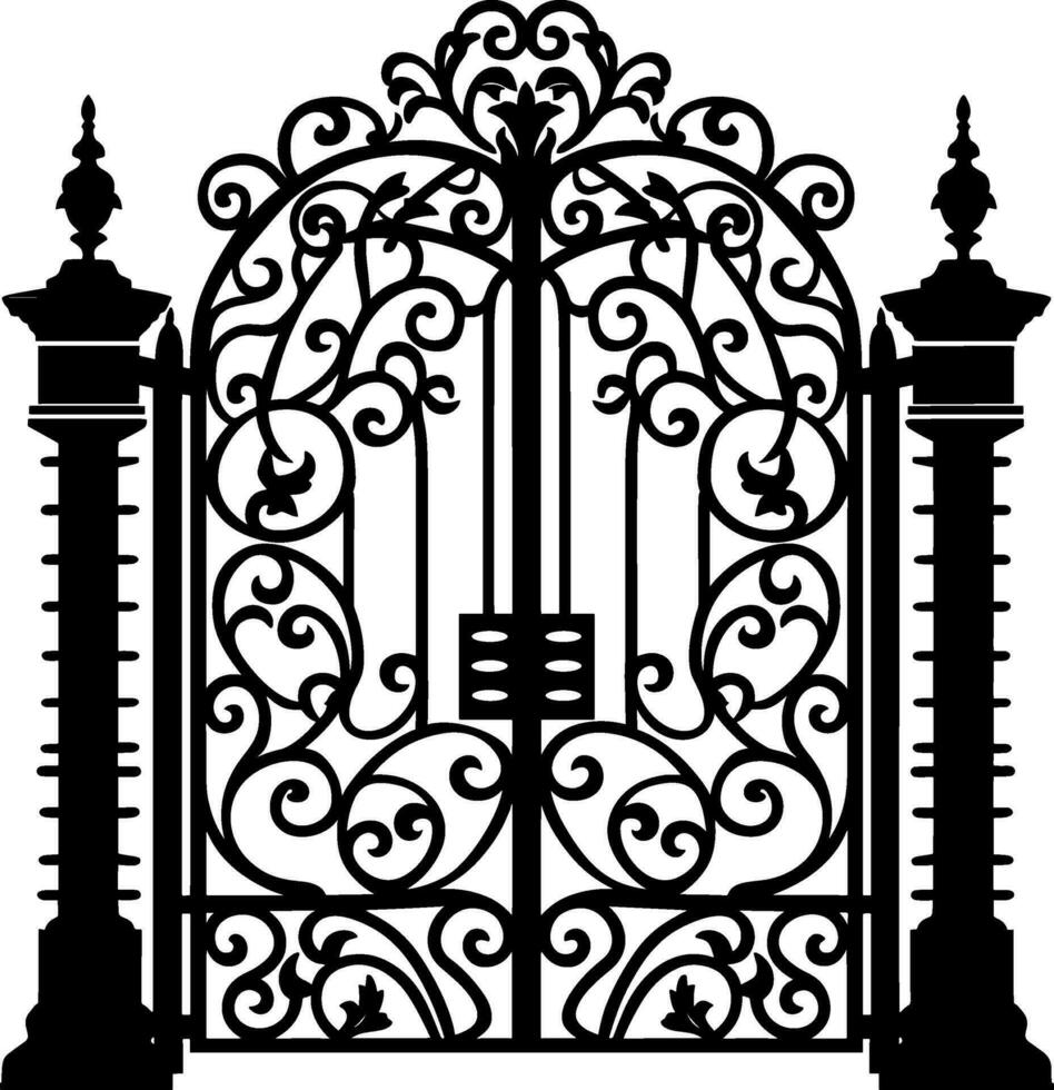 Vector illustration wrought-iron fence. Old metal fence and gate. Gate silhouette. AI generated illustration.