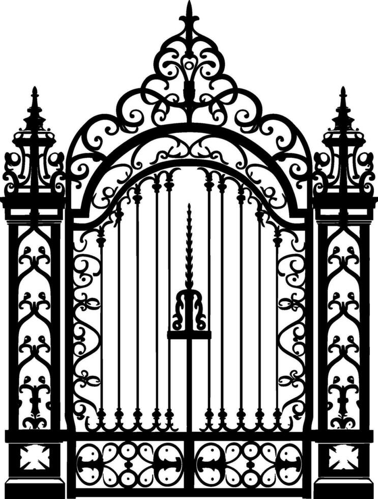 Vector illustration wrought-iron fence. Old metal fence and gate. Gate silhouette. AI generated illustration.