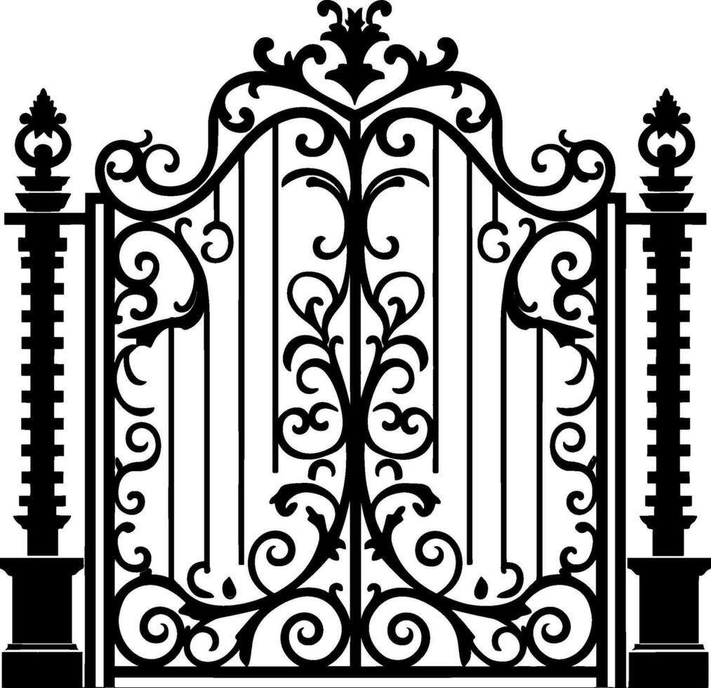 Vector illustration wrought-iron fence. Old metal fence and gate. Gate silhouette. AI generated illustration.